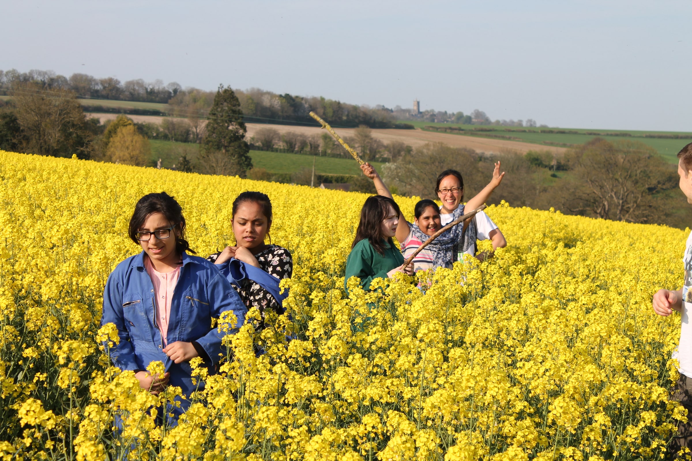 Five young people dressed in blue overalls pictured within a field of vibrant yellow flowers
