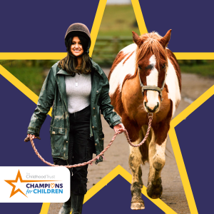 A girl leading a horse with the countryside behind them. Logo reads 'Champions for Children'.