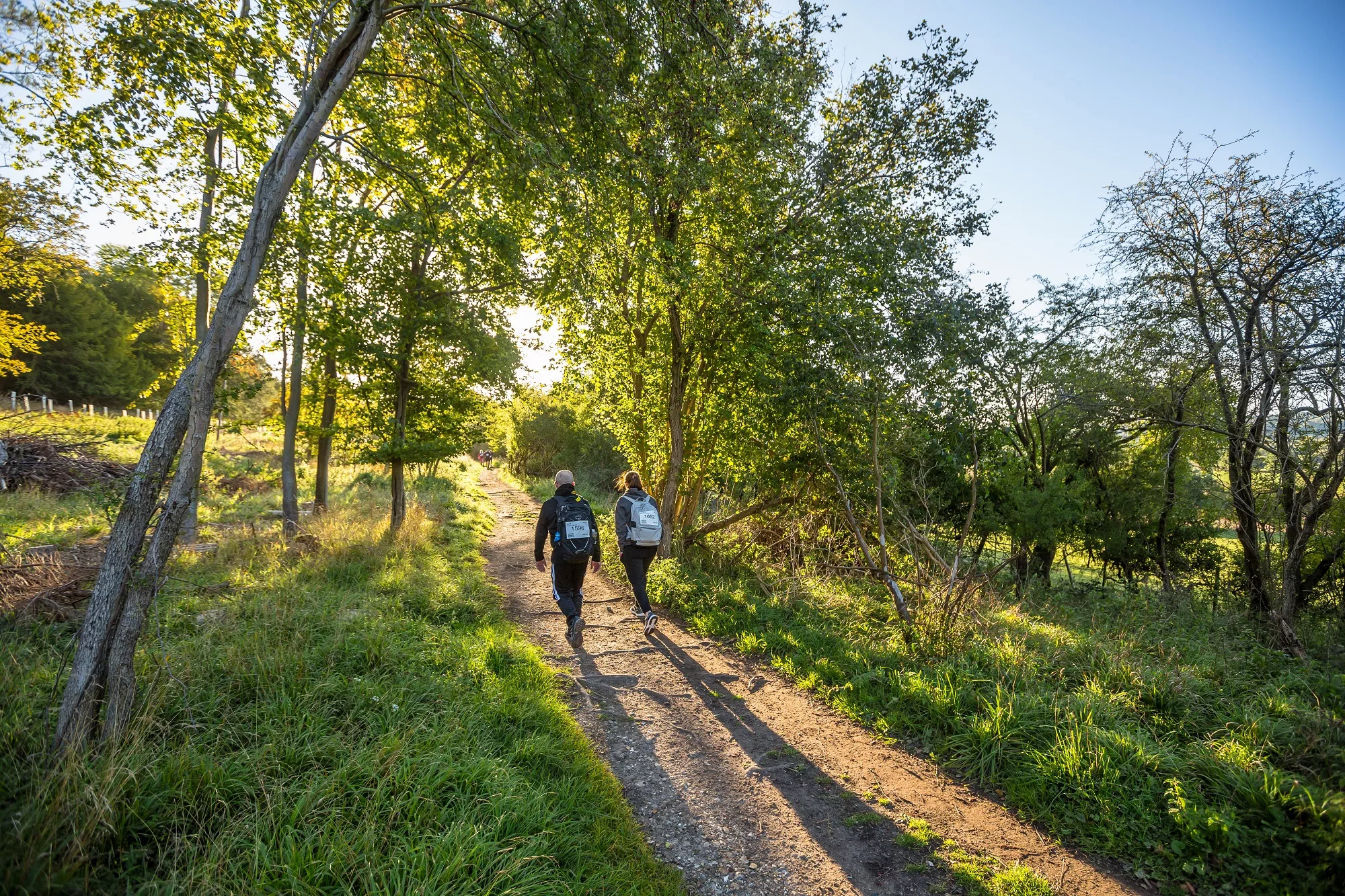 Two people walking surrounded by fields and trees.