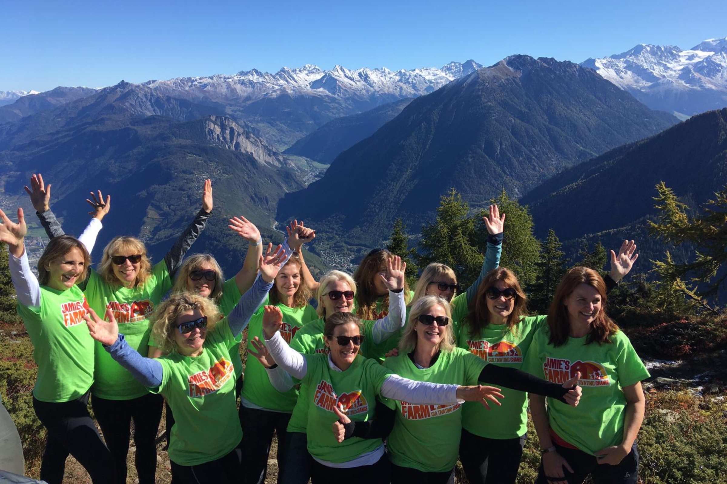 Group of adults in Jamie's Farm tshirts on a mountain in the Alps cheering with their hands up