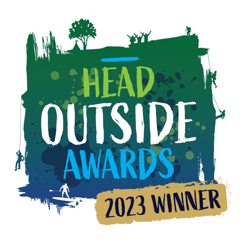 A green square logo with the words Head Outside Awards 2023 winner