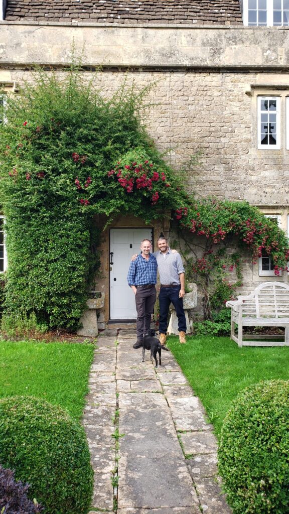 Jamie and Jake in front of the farmhouse at Lower Shockerwick.