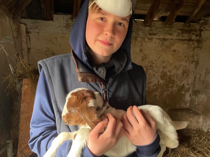 boy holding a kid baby goat smiling at the camera