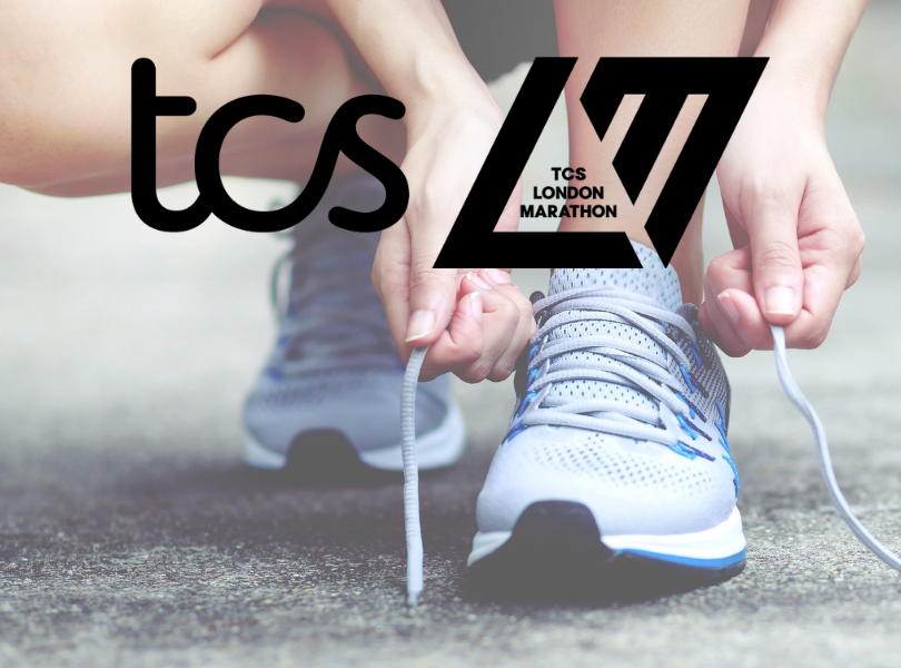 zoomed on on person tying their trainers with London Marathon logo overlayed.