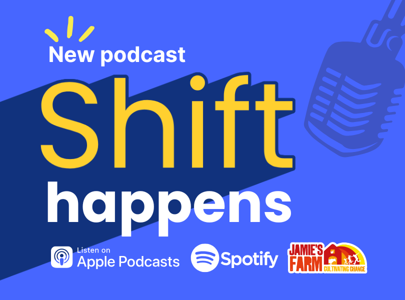 A graphic with the title 'shift happens' and podcast microphone to promote the new podcast series