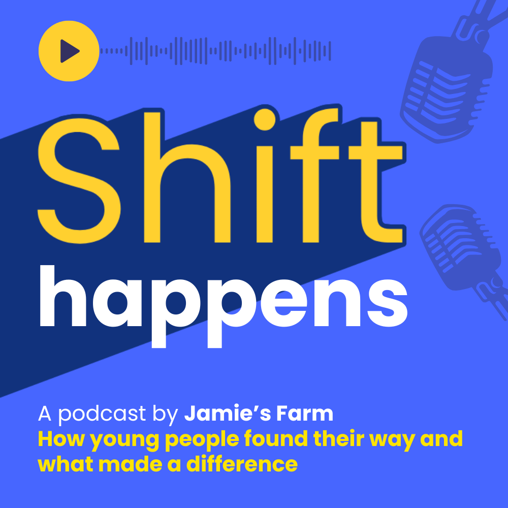 Podcast cover art featuring the title 'Shift happens' and the subtitle: how young people found their way and what made a difference