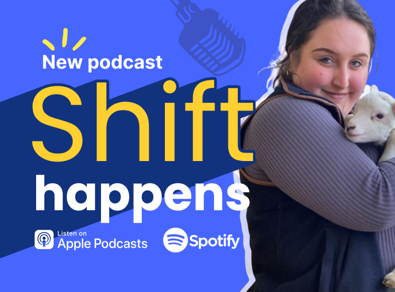 Cover art for Shift Happens podcast featuring a photo of Adele holding a lamb