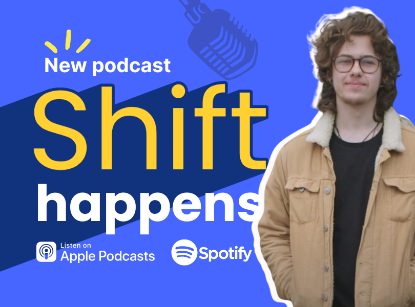 A picture of George on a blue background with the words 'Shift happens'