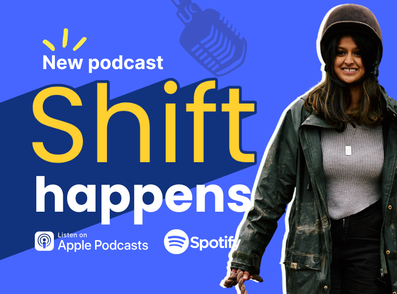 A photo of Iram wearing a riding helmet against a blue background with the podcast title 'Shift happens' behind