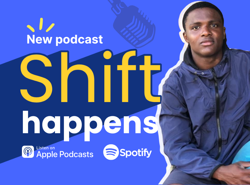 A picture of John wearing a blue hoodie, with the podcast title 'Shift happens' behind him