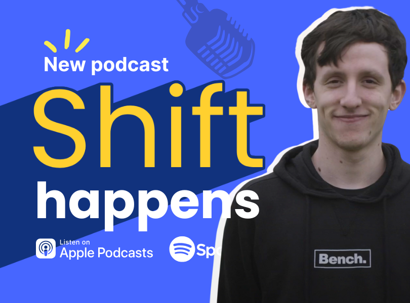a pitcure of Morgan wearing a black hoodie in front of the podcast title 'Shift happens'
