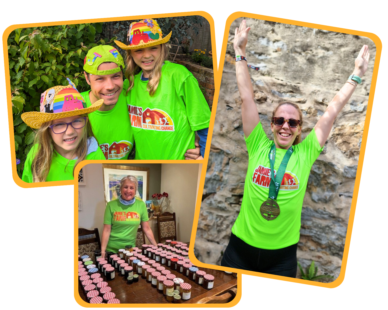 A montage of 3 photos showing fundraising ideas. One is a runner with her medal, another is of a lady selling jam and another is of a family wearing decorative hats.