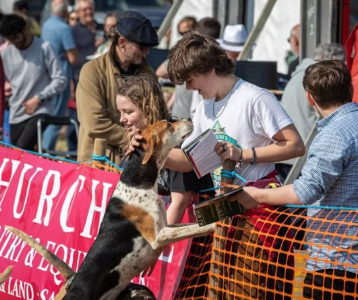 A boy smiling petting a dog standing on its hind legs with people in the background.