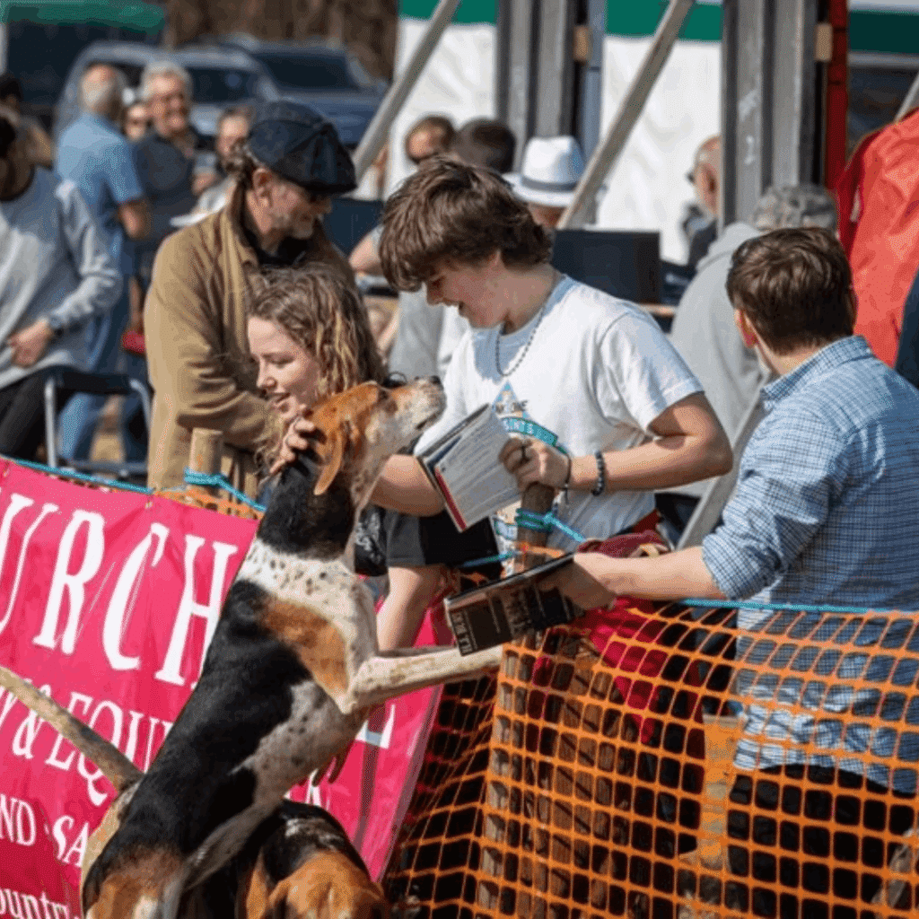 A boy smiling petting a dog standing on its hind legs with people in the background.