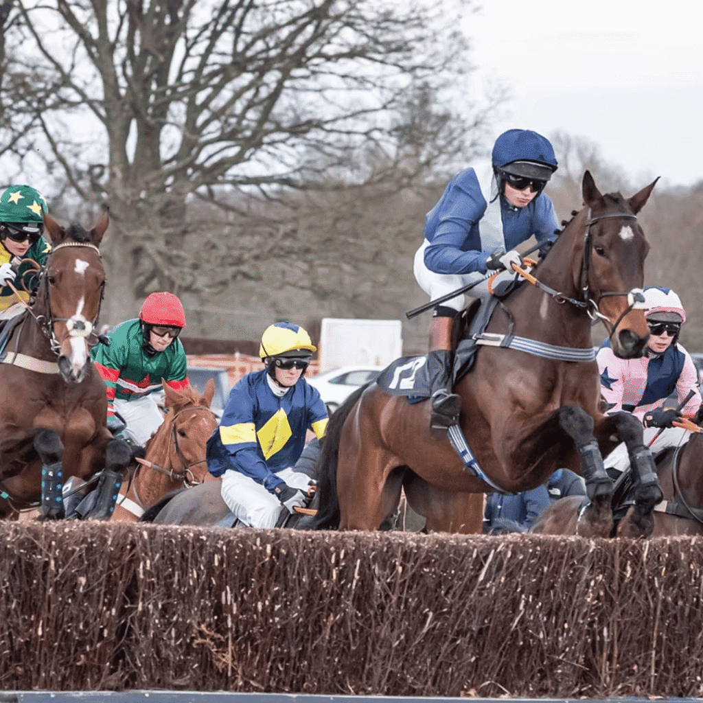 a group of horse racers jumping a hedge fence 